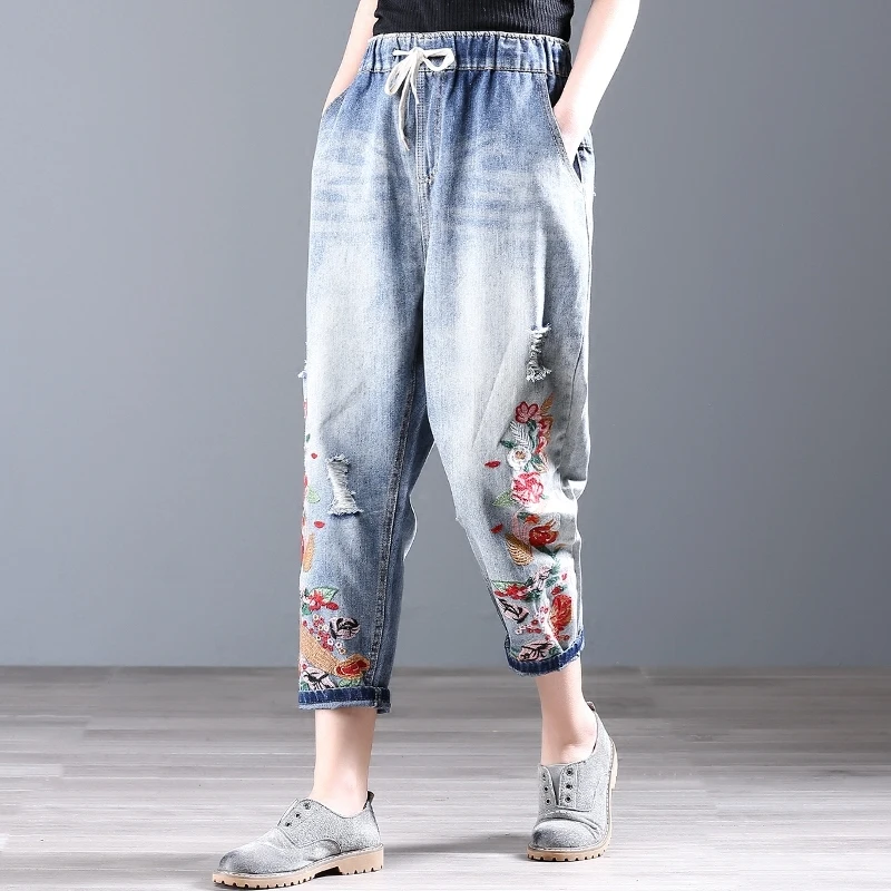 

Womens Jeans Vintage Flowers Embroidery Ripped Hole Jeans For Women Casual Elastic Waist Pantalon Femme Loose Trousers