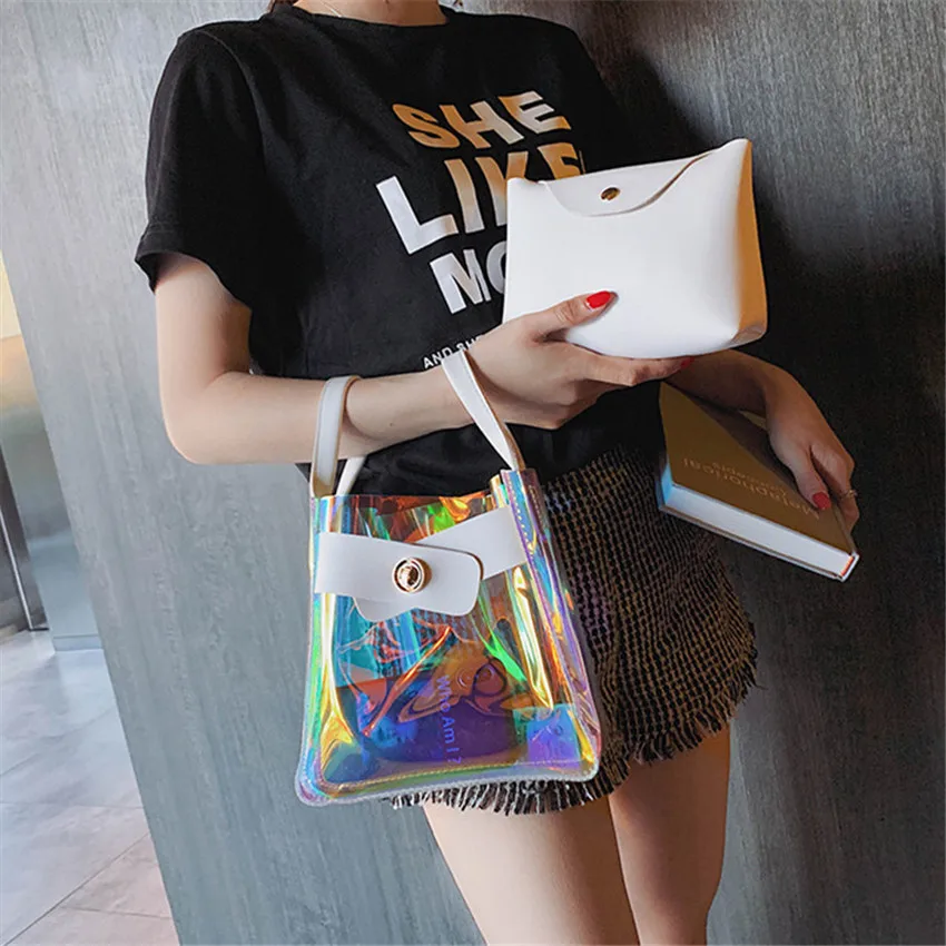 

TOYOOSKY Women Transparent Handbag Clear PVC Small Tote Messenger Bag Female Sac Femme Bandoulier Laser Holographic Shouder Bag