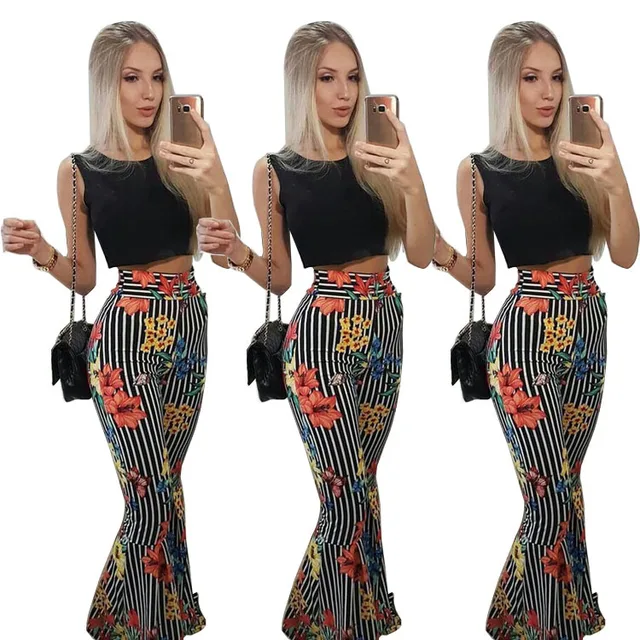 Women striped print loose full pants crop top summer 2 piece set for