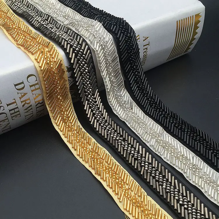 

10yards Gold Silver Grey DIY Costume Dress Sewing Accessories Clothing Collar Black Beaded Embroidered Lace Trim Ribbon Fabric
