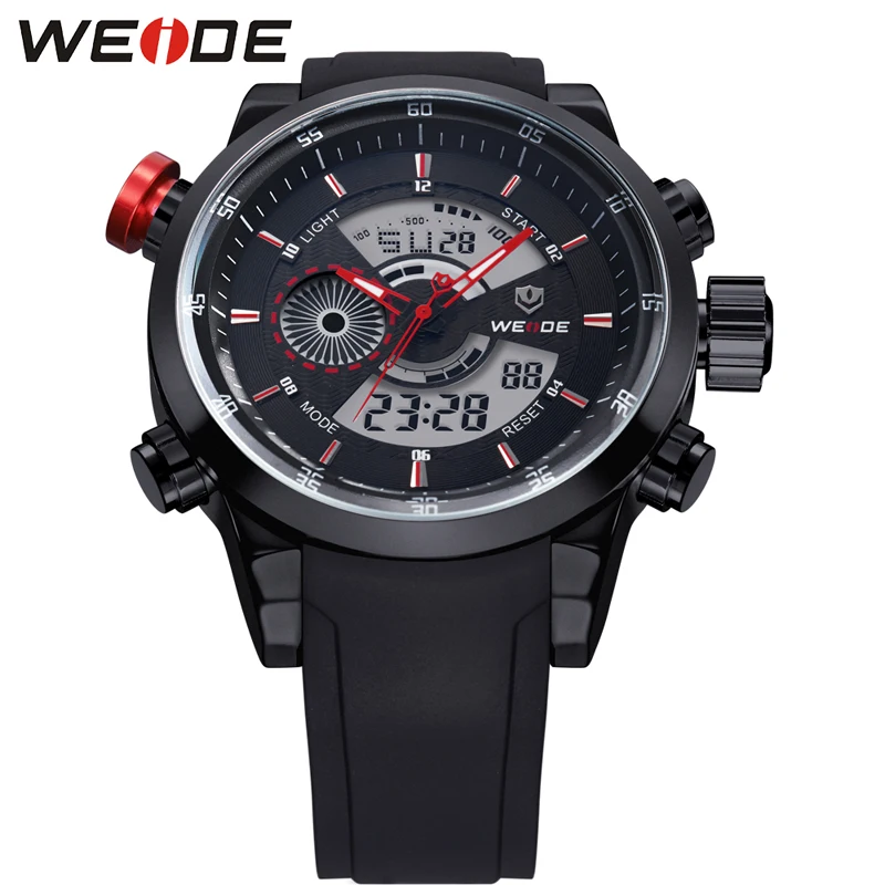 

WEIDE Sport Watch 3ATM Quartz Dual Display Time Date Day Alarm Chronograph Rubber Strap Outdoor Analog Digital Men Wrist Watch