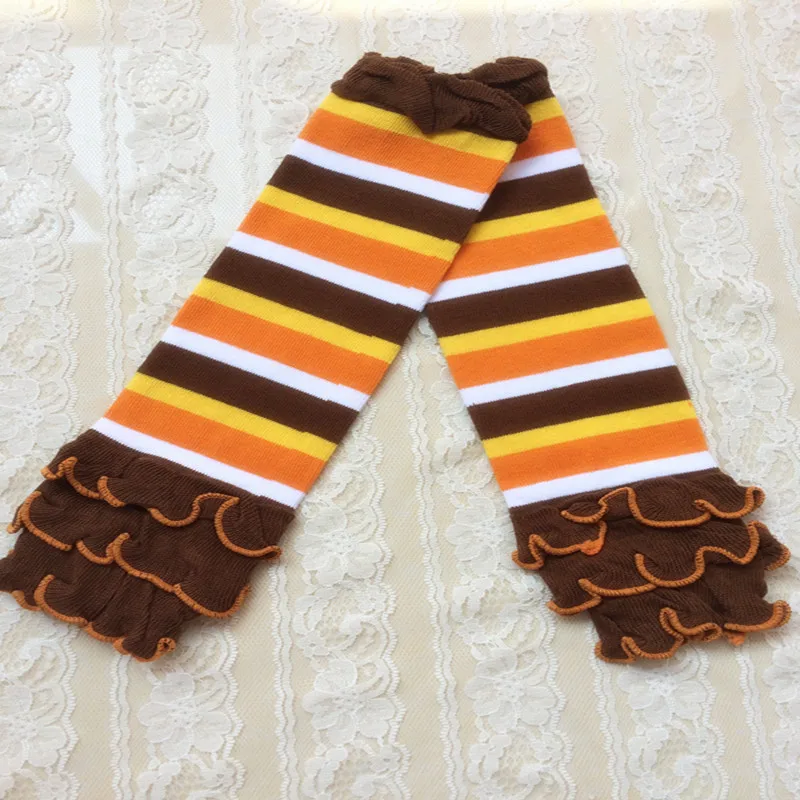 Buy Holiday Gift ,Yellow orange white brown striped leg warmer ,Knit Ruffle