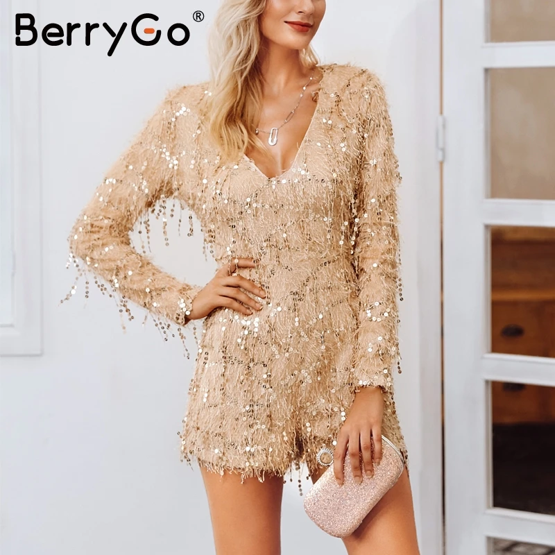 BerryGo Elegant sequin tassel party jumpsuit women Sexy long sleeve