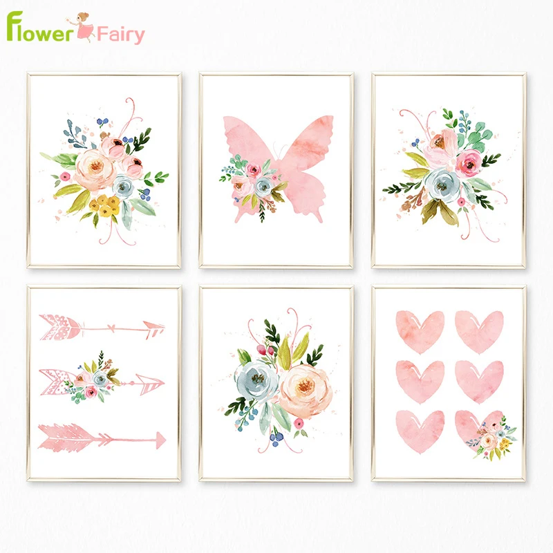 

Pink Baby Girl Room Decor Butterfly Nordic Poster Flower Wall Art Canvas Painting Cartoon Wall Pictures For Living Room Unframed