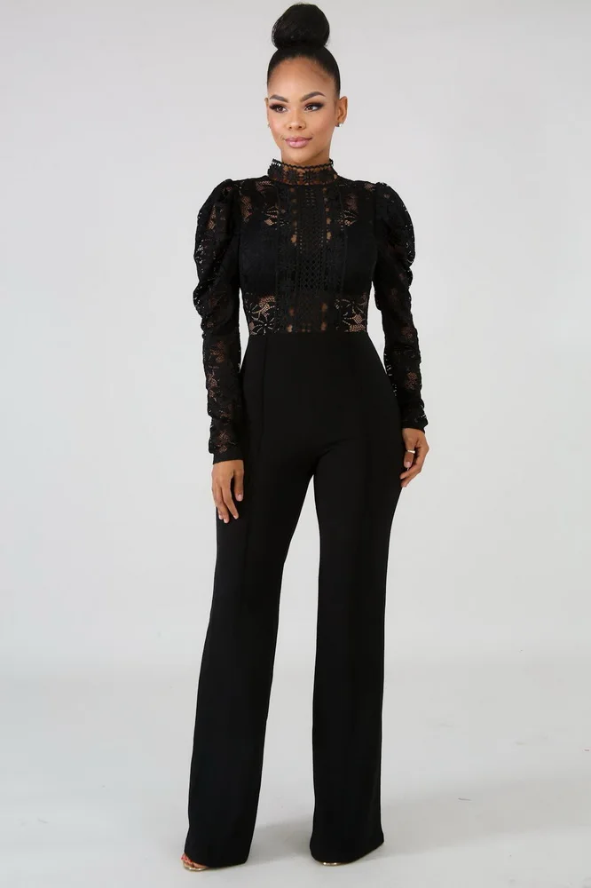 

OKAYOASIS Newly Sexy Women O-neck Long Sleeve One Piece Lace Winter Straight Jumpsuit Wide Leg Elegant Party Jumpsuit Rompers