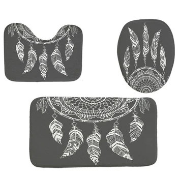 

4Pcs Home Bathroom Decor Set Bohemian Style Feather Pattern Toilet Seat Cover Bath Mat Set+Waterproof Shower Curtain