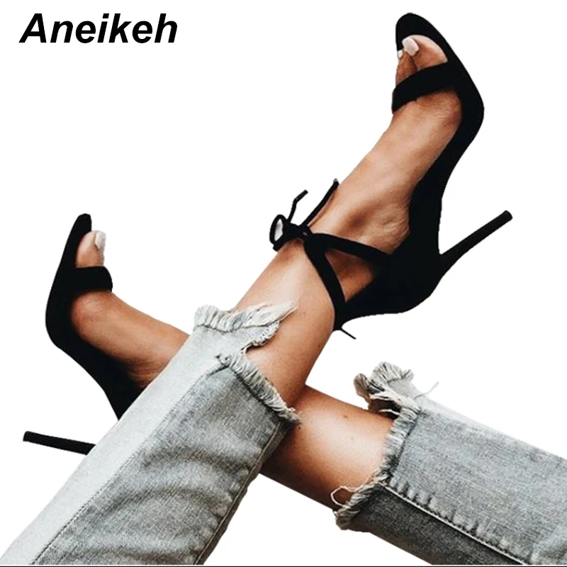 

Aneikeh Women Sandals High Heels Ladies Summer Shoes Lace-up Cross-Tied Thin Heels Cover Heel Female Shoe Black Size 35-40
