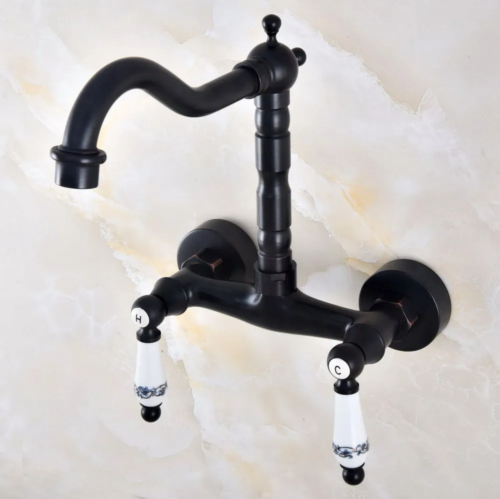 Kitchen Wet Bar Bathroom Vessel Sink Faucet Black Oil Rubbed Brass Wall Mounted Swivel Spout Mixer Tap Dual Ceramic Lever mnf827