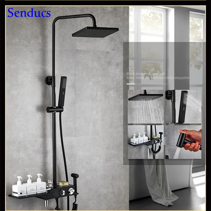 Senducs Black Digital Bathroom Shower Set Raining Top Square Shower