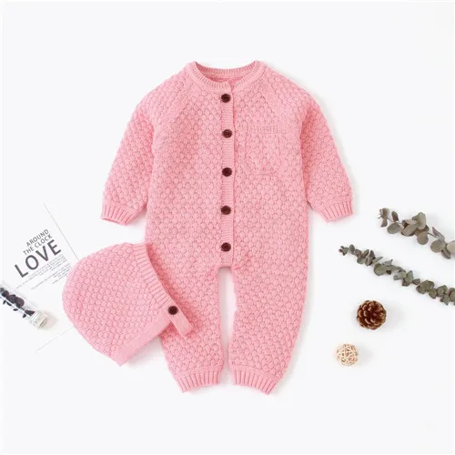 Зимняя одежда для маленьких девочек; вязаные комбинезоны с кроликом для новорожденных; комбинезоны с длинными рукавами для маленьких мальчиков; сезон осень; забавные комбинезоны для малышей - Цвет: pink