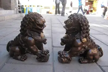 

China Pure Bronze Palace Door Guardian Fu Foo Dog lion beast Lions statue Pair