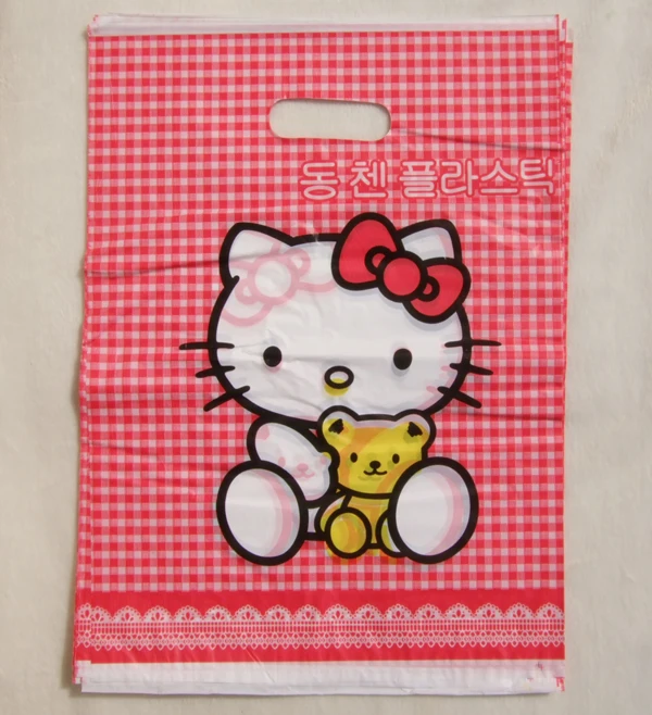 

20Pcs/Lot Hello Kitty gift bags small red check Patterns two face with handle 25*36cm LDPE