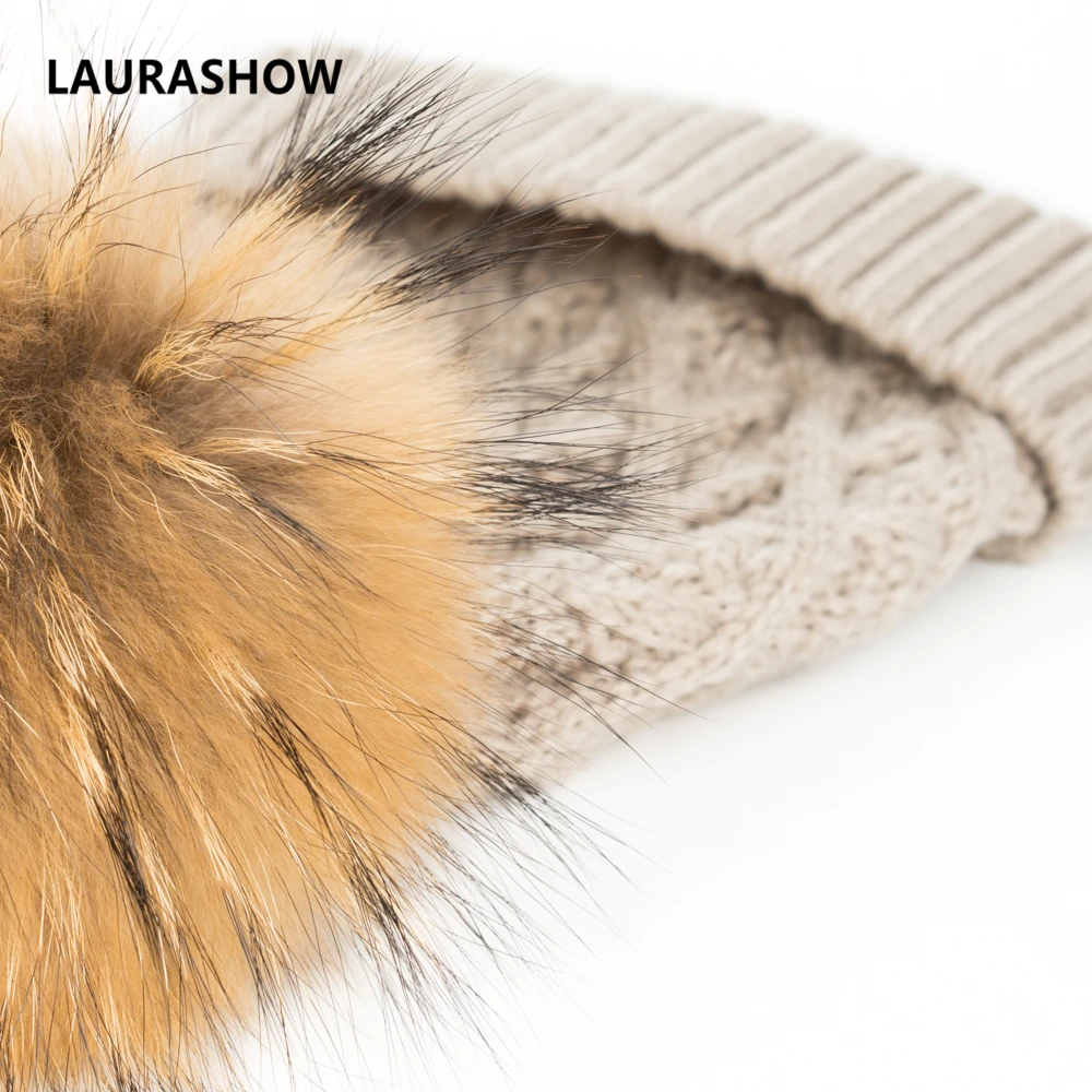 Laurashow осень-зима взрослых Детские шапочки натуральный мех мяч помпонами теплая шерсть Кепки Детские аксессуары шапка