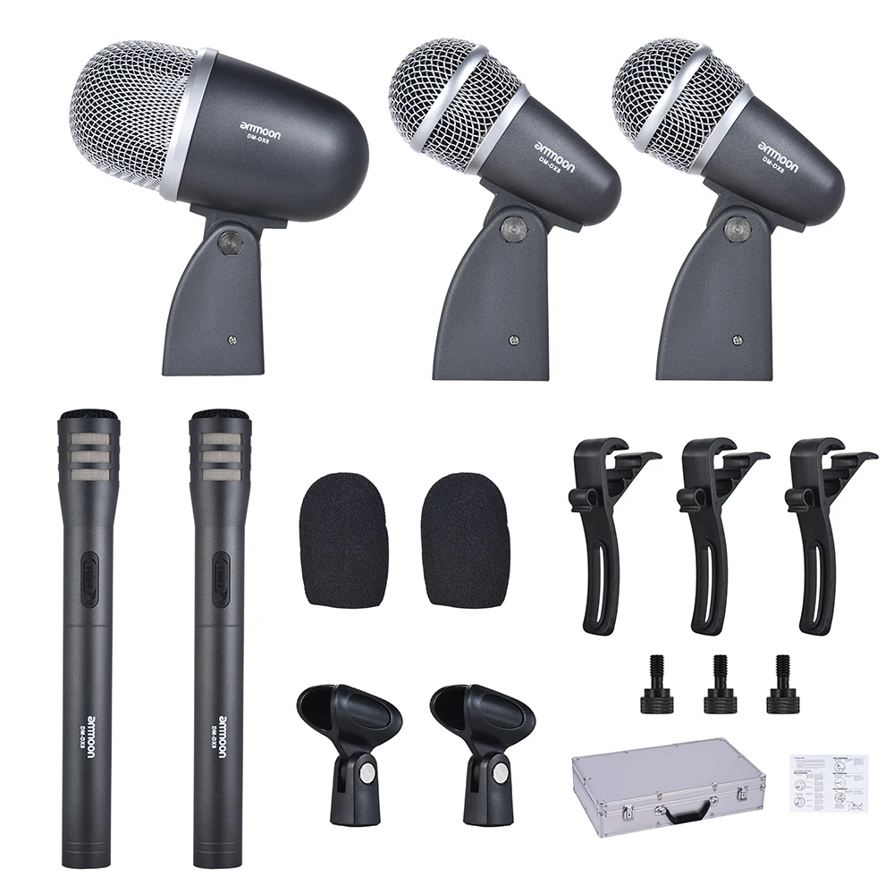

ammoon DM-DX8 5-Piece Professional Wired Drum Set Microphone Mic Kit with drum microphone Mounting Accessories Aluminum Case