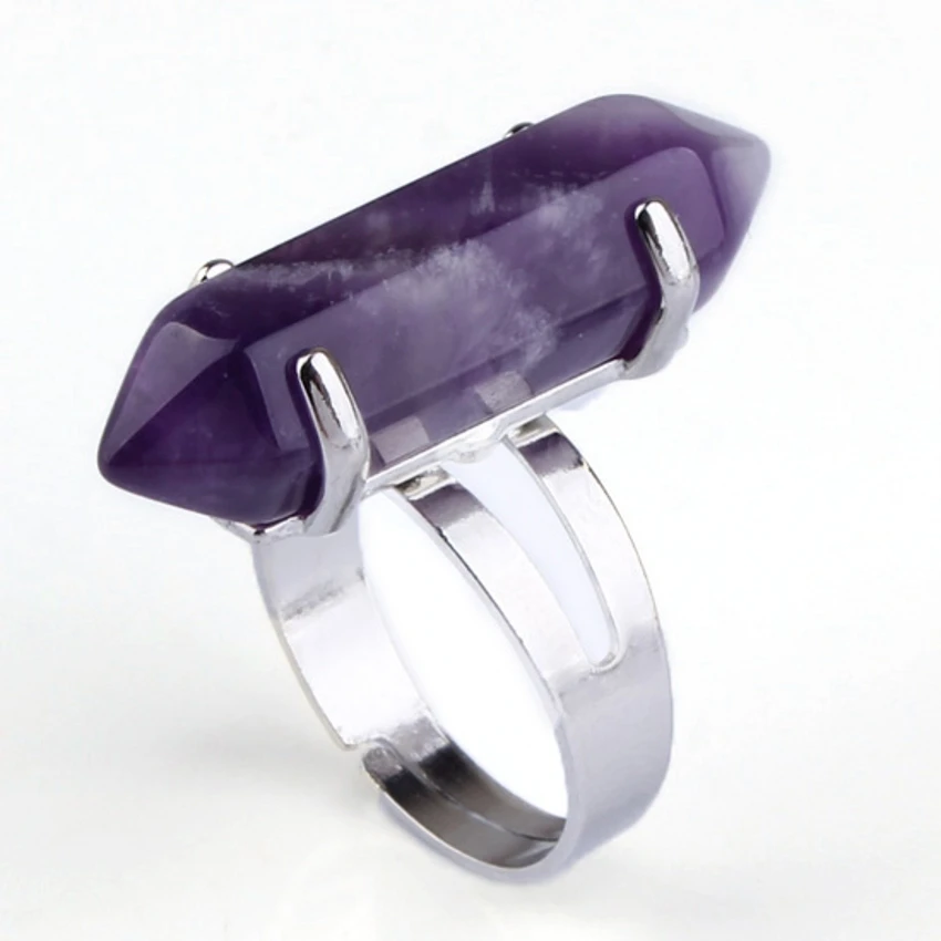KFT Silver Plated Hexagonal Column Resizable Stone Finger Ring Natural Amethysts Crystal Quartz Party Wedding Jewelry | Украшения и