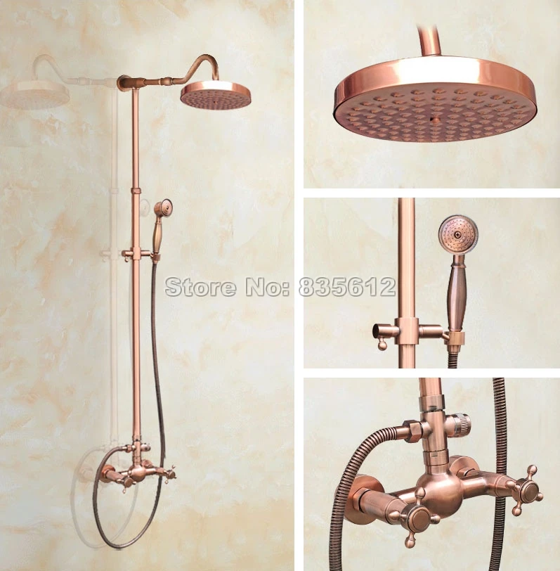 

Antique Red Copper Bathroom Wall Mounted Rain Shower Faucet Set with Hand Spray + Dual Cross Handle Mixer Tap Wrg609