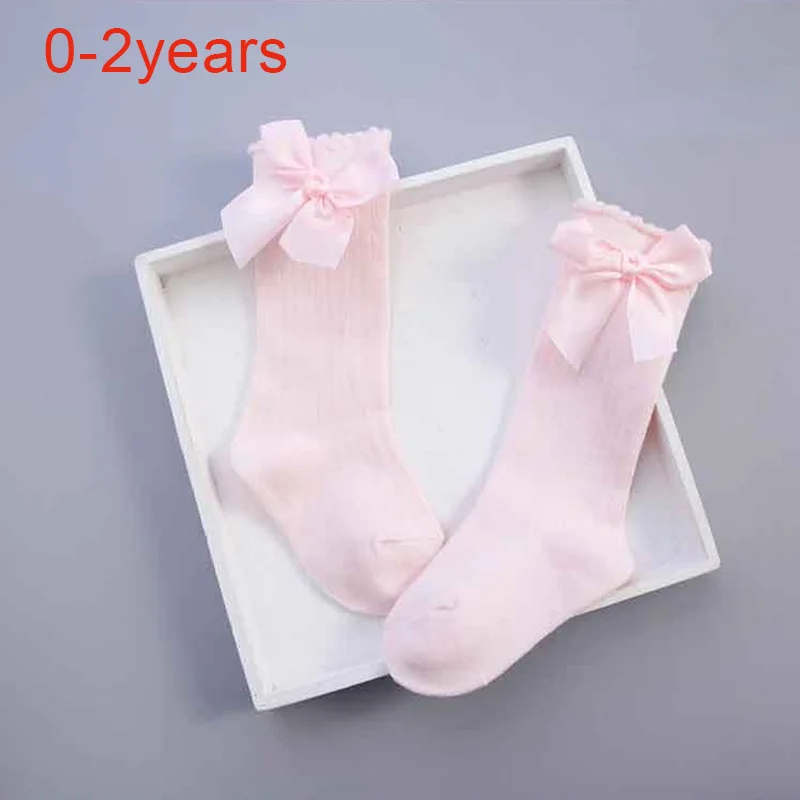 Детские милые носки для девочек Гольфы высокие носки принцессы с бантом носки для малышей длинные носки без пятки с вертикальными полосками, sokken meias От 0 до 4 лет - Цвет: pink 0to2years M