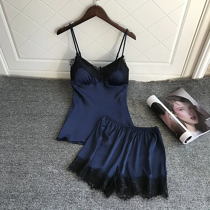 Koop Lisacmvpnel Sexy Kant Vrouwen Pyjama V hals Met Pad Vrouwelijke Zomer Pyjama Set