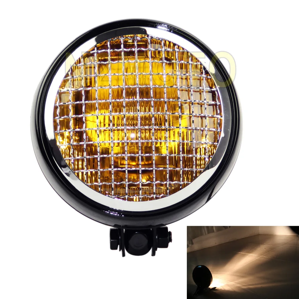 Black Motorcycles Headlight Mesh Grill Amber Light 5.75" for Harley Triumph Cafe Racer Scrambler