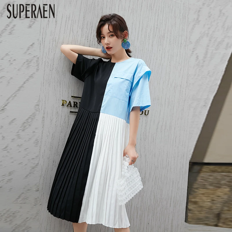 

SuperAen Pleated Dress Female 2019 Summer New Korean Style Women Dress High Waist Ladies Dress Short Sleeve Women Clothing