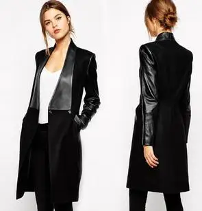 

Brand Women Trench Coats Autumn and Winter PU Leather Patchwork Suit Collar Slim Long Overcoat Ladies Black Wool Coat Outerwear