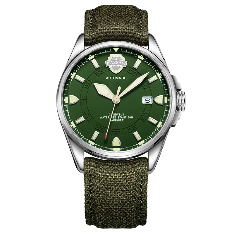 Cassaw часы мужские военные часы кожаные светящиеся автоматические механические часы спортивные полые водонепроницаемые мужские часы - Цвет: Зеленый