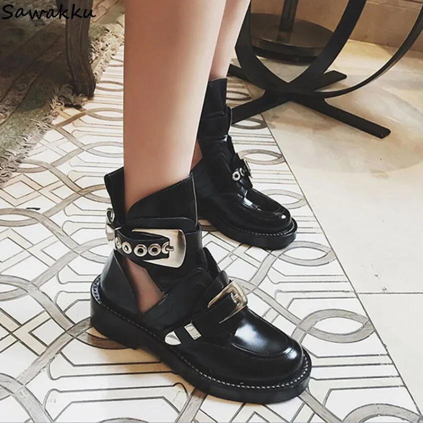 

New Brand Designers Women Summer Sandals Boots Metal Buckle Straps Thick Heel Ankle Boots Cut Outs Black Motorcycle Punk Booties
