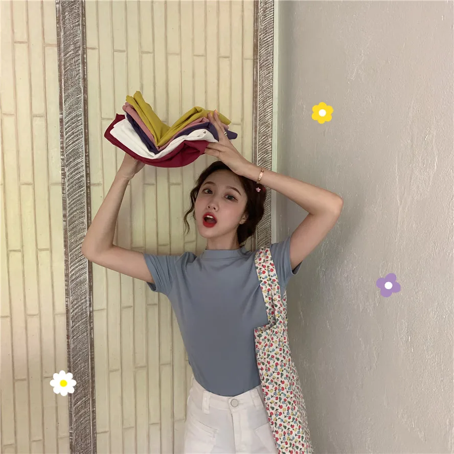 

6 colors 2019 Summer korean style solid color short sleeve crop top sexy slim o neck t shirts womens tee shirt femme (R4403)