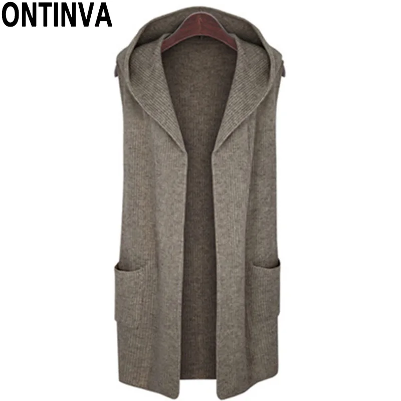 

Women's Plus Size Khaki Vest Cardigan with Hat 2019 Autumn Winter knitted Outwear Long Coats with Pockets Knitwear Oversize Vest