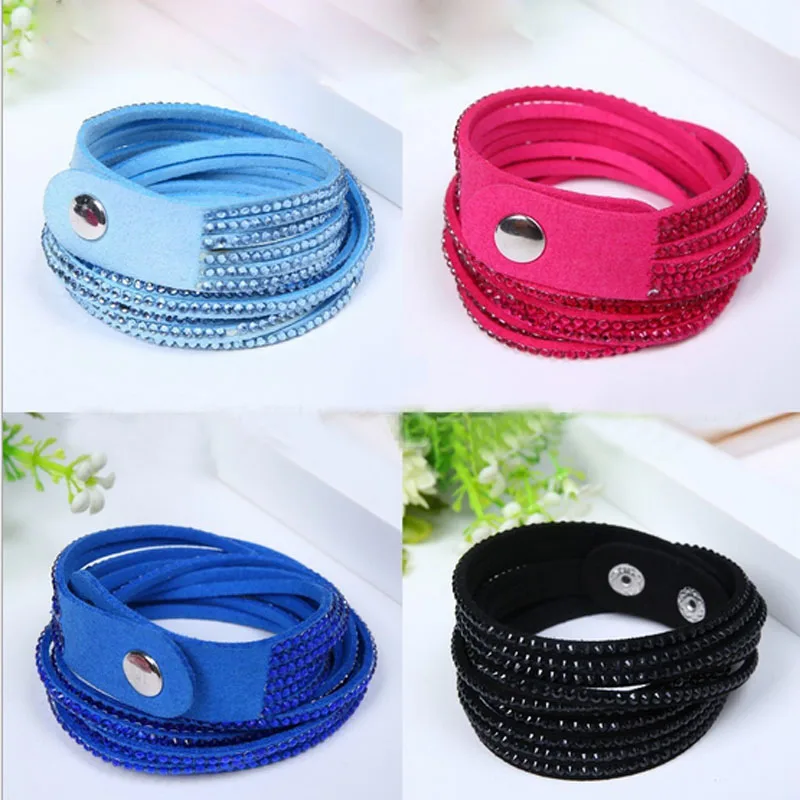 

Shiny Handmade Leather Bracelets With Full Crystal Wide Men Women Bracelet Bangles New arrvial Gift Jewelry 2cm width A119G