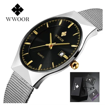 

WWOOR Ultra-thin Quartz Watches Top Luxury Men Watch Stainless Steel Mesh Band Brand Men's Watches Fashion Date Wristwatch