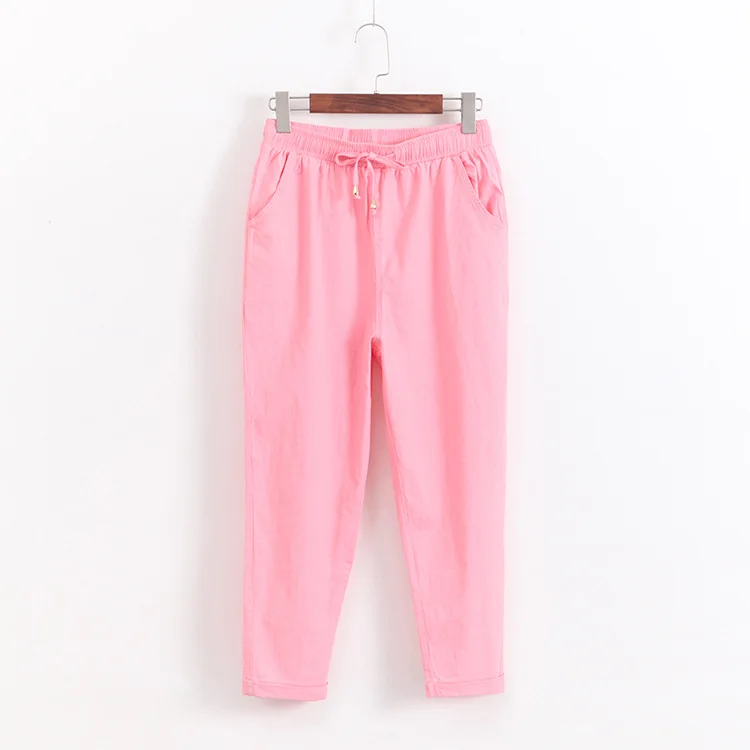 7 цветов, хлопковые льняные штаны-шаровары для женщин, плюс размер, 3, 4, XL, эластичный пояс, растягивающиеся Летние повседневные штаны, брюки KKFY1951 - Цвет: Розовый
