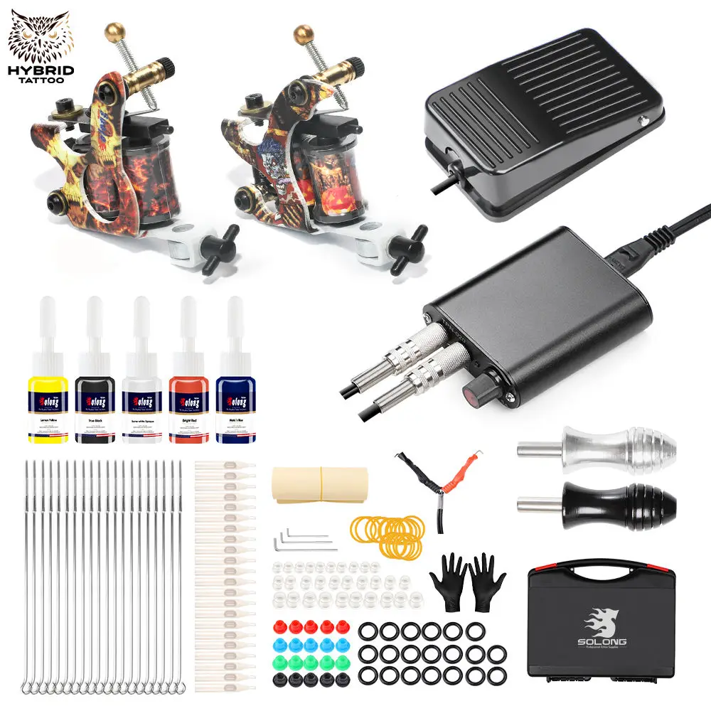 Hybrid Complete 2 Coil Tattoo Machine Kit Set For Beginner Power Supply