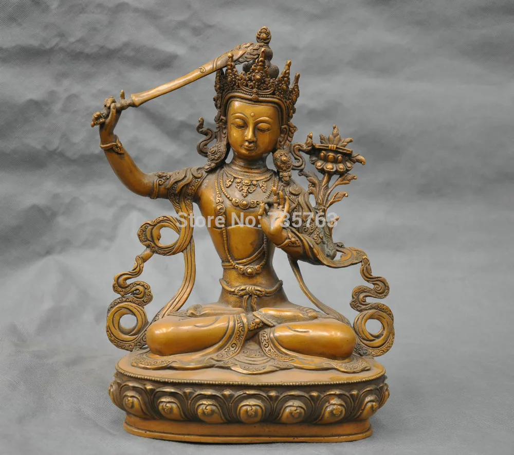 

xiuli 001863 12'' China Tibet Pure Bronze Manjushri Bodhisattva Buddha Hold Sword Sit Statue