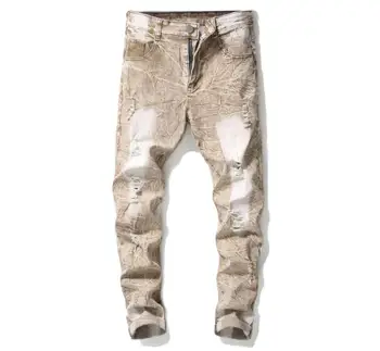

Destressed Ripped Cotton Denim Men's Snow Washed Stretch Moto Pants khaki Biker Jeans Straight Slim Trousers Size 30-44