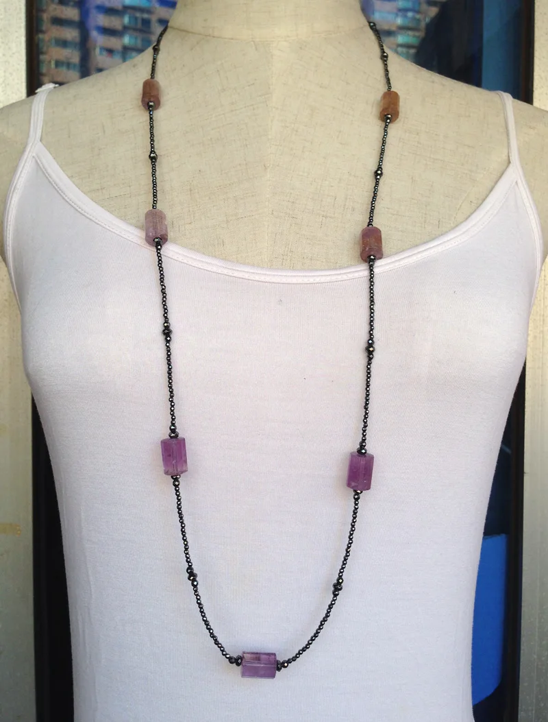 

YA2328 Amethys Crystal Column Bead Hematite Beads Handmade Necklace 38.5inch