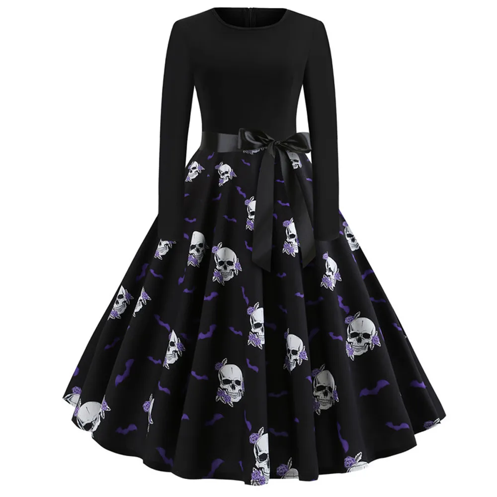 Women Halloween Party Dress 2018 Elegant Skull Print Long Sleeve Ladies Dresses Belt Vintage