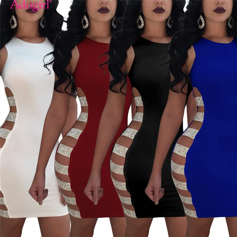 

Adogirl Side Silver Straps Hollow Out Bodycon Dress O Neck Sleeveless Sheath Mini Club Party Dresses Cheap Vestidos Outfits