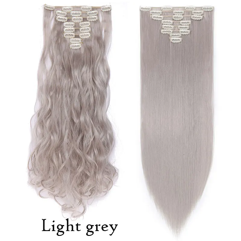 SNOILITE, 18 клипс, длинные волнистые волосы для наращивания на клипсах, черный, коричневый, синтетические волосы на клипсах для женщин, 24 дюйма - Цвет: light grey