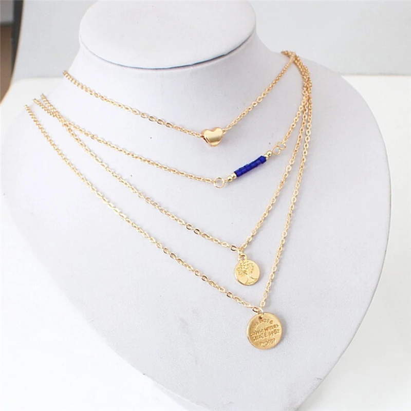 

Women's Heart Blue Beads Medal Exotic Charm Gold-color Chain Pendant V-type Multi-layer Necklace gift Neck Decoration 1pcs