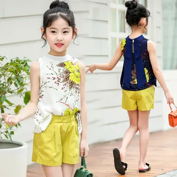 

2020 Big Girl Summer Clothing Set Floral Vest + Shorts Kids Clothes Set Girls Shirt Pants Suit Brand Children Clothing With Bow