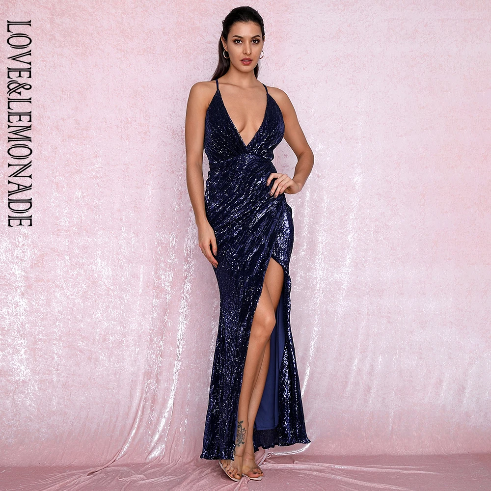 

LOVE&LEMONADE Sexy NAVY Open Back Cross Split Sequins Party Maxi Dress LM81876 NAVY Autumn/Winter