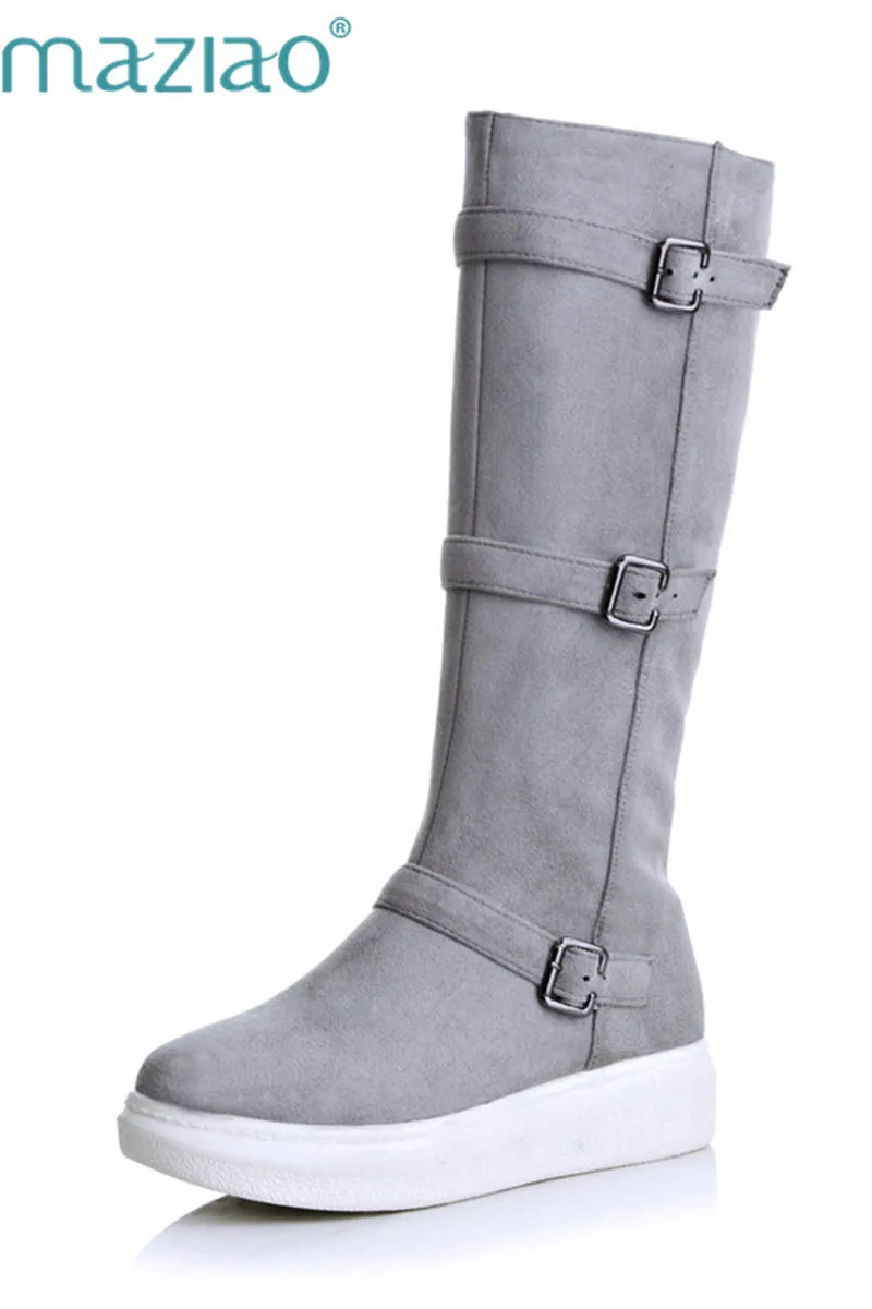 

MAZIAO Big Size 34-43 New Flat Knee High Boots Round Toe Platform Autumn Winter Boots Zipper Black Gray Fashion Women Boots