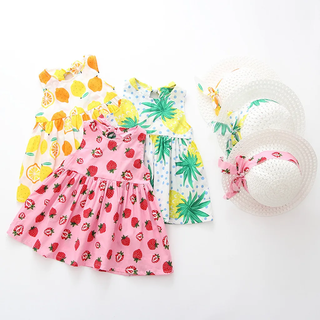 

Toddler Baby Kids Girls Summer Fruit Princess Dresses Hat Casual Outfits Set