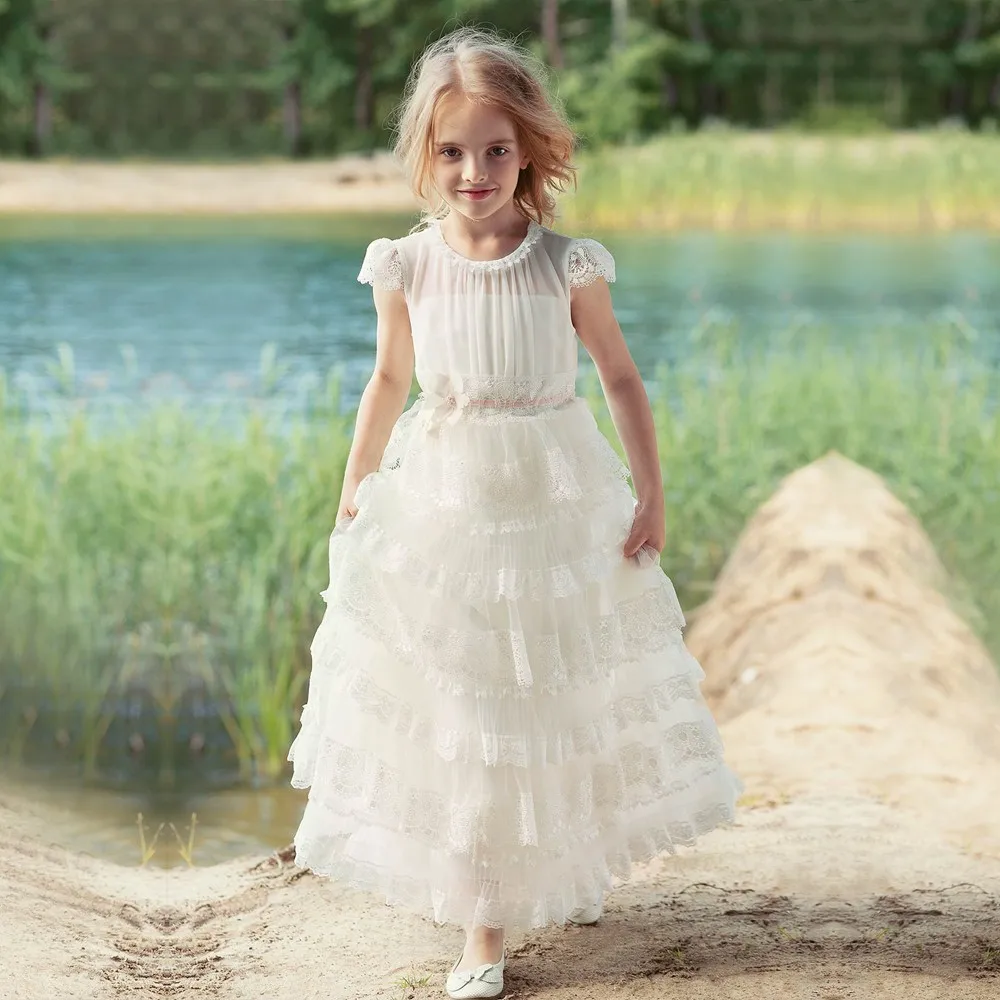 

New Lovely Girls For Weddings Lace Cap Sleeve Long Dresses First Communion Pageant Gowns Flower Girls Layered Dresses