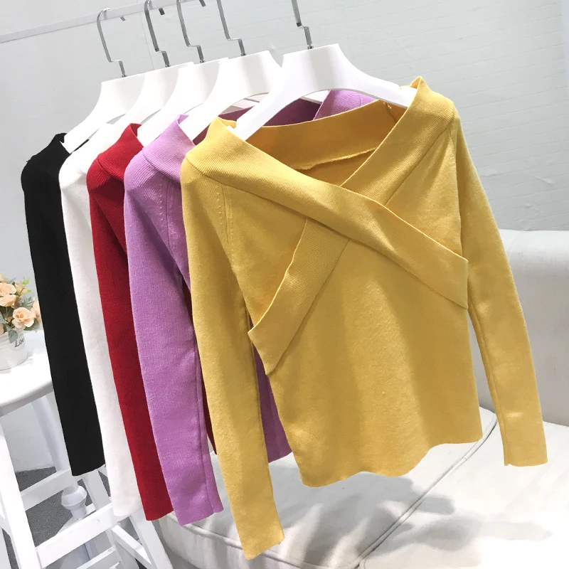 

Alpha Sexy Autumn and Winter Women Blouse Full Sleeve V Neck Cross Sexy Knitted Blouse One Size 5 Color