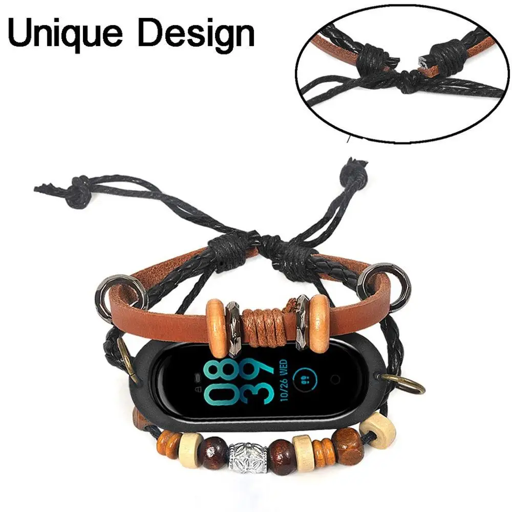

For Xiaomi Mi Band 4 Leather Beading Bracelet Strap Weave Braided Replacement Smart watch Bracelet Wearable accessories #624