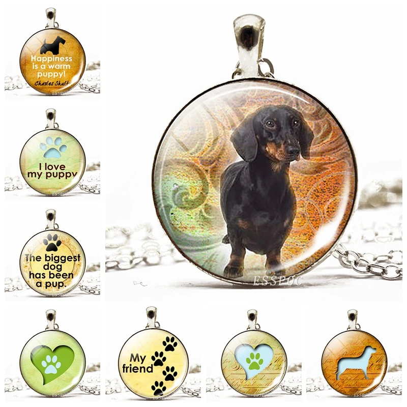 

Black Dachshund Dog Necklace Dog Paw Glass Cabochon Pendant Silver Plated Necklace Fashion Accessories for Women Dog Lovers Gift
