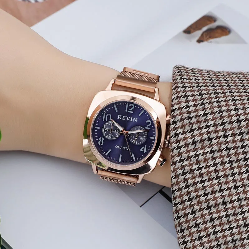 Женские часы с магнитным миланским сетчатым ремешком, часы из розового золота, квадратные часы для женщин, женские модные нейлоновые наручные часы, Montre Femme - Цвет: Gold Blue