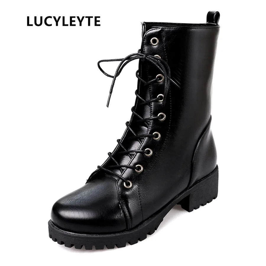 

Thick Spring Autumn Round Toe High Waterproof Platform Sexy Fashion Lace PU Slim Midheel Shoes Ms. Plus Down Snow Boots